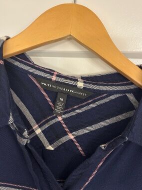 White House Black Market Navy Plaid Button-Down Shirt with Pink & White Stripes